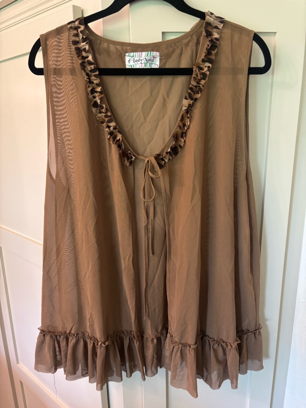 Brown Ruffle-Trim Sheer Chiffon Leopard Layering Tunic Boho Fairy Style Top